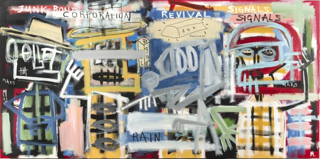 Abstract graffiti-style artwork by M. titled “Rainmaker,” featuring bright colours, symbolic elements representing signals and revival, along with a robotic face and layered phrases including “Junk Bond” and “Corporation.”