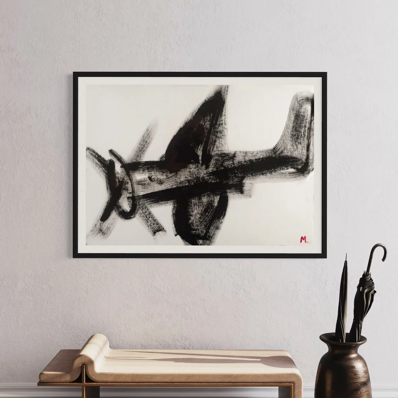 Framed abstract black and white aircraft artwork titled ZERO MK I.jpeg