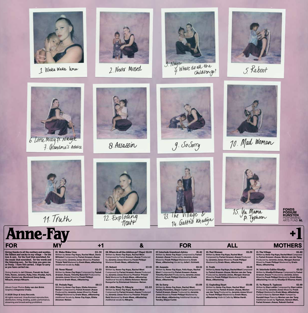 The back of music album artwork from Anne-Fay +1 made out of Polaroids