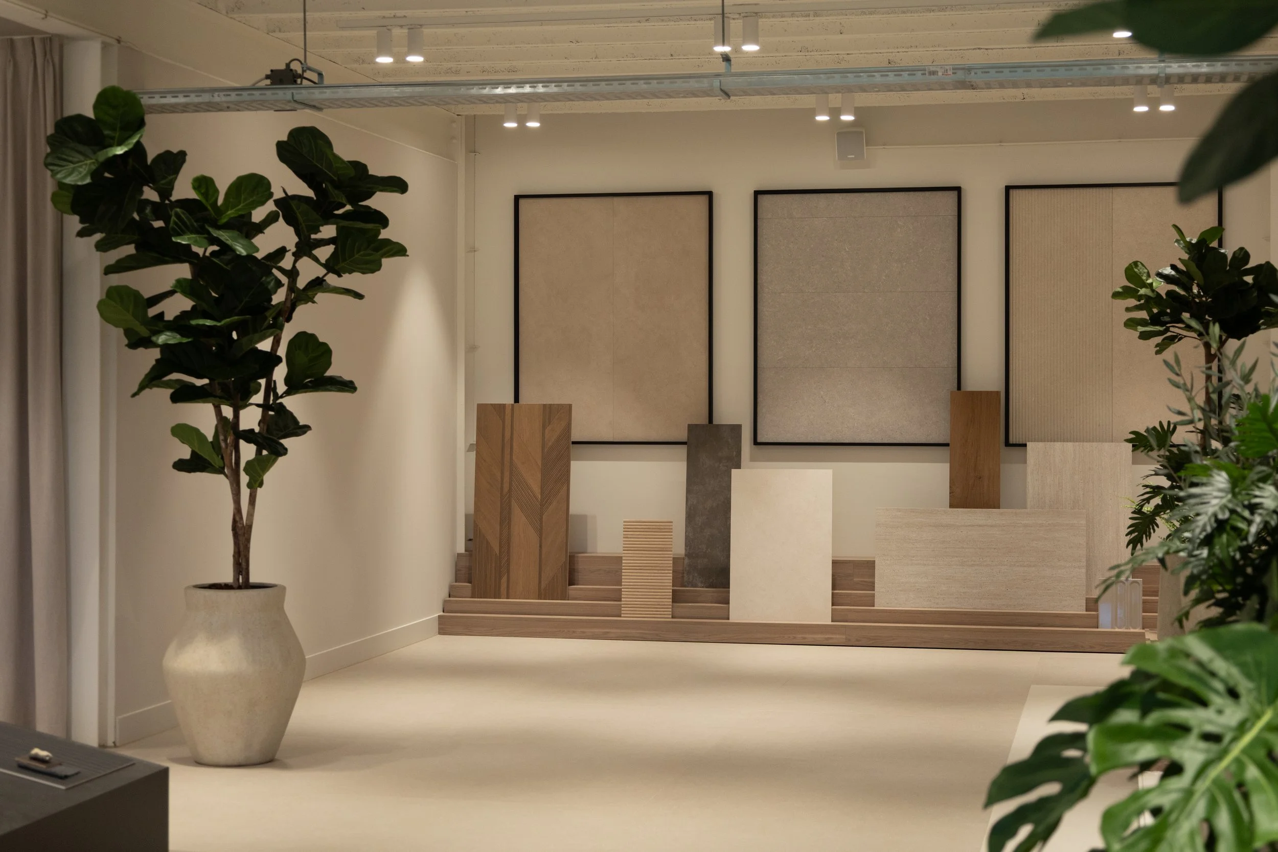 Interieur van een showroom met grote planten en diverse sierpanelen aan de muur.