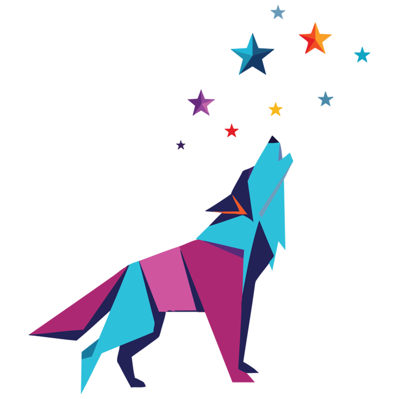 turquoise pink and blue origami wolf