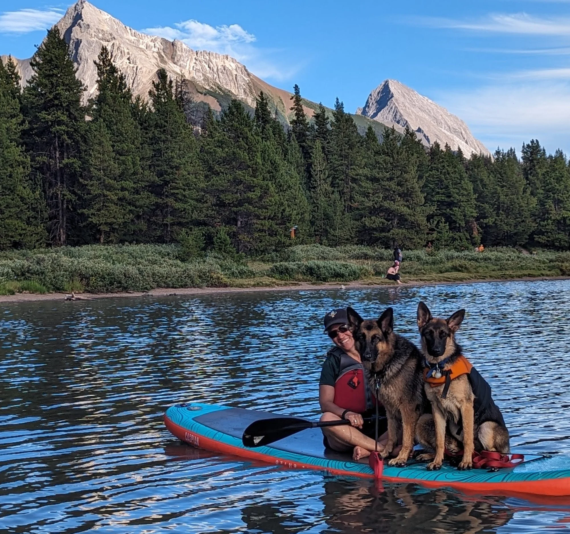 woman on paddleboard with two dogs on lake