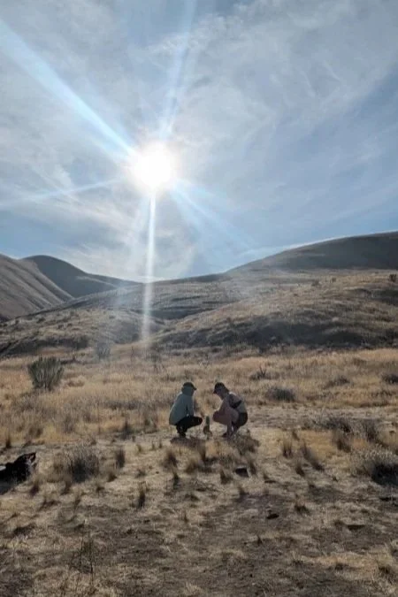 2 people squatting in the sun in an open field facing one another