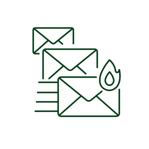 Outline of multiple email envelopes with a flame symbol, indicating email or message security or destruction.