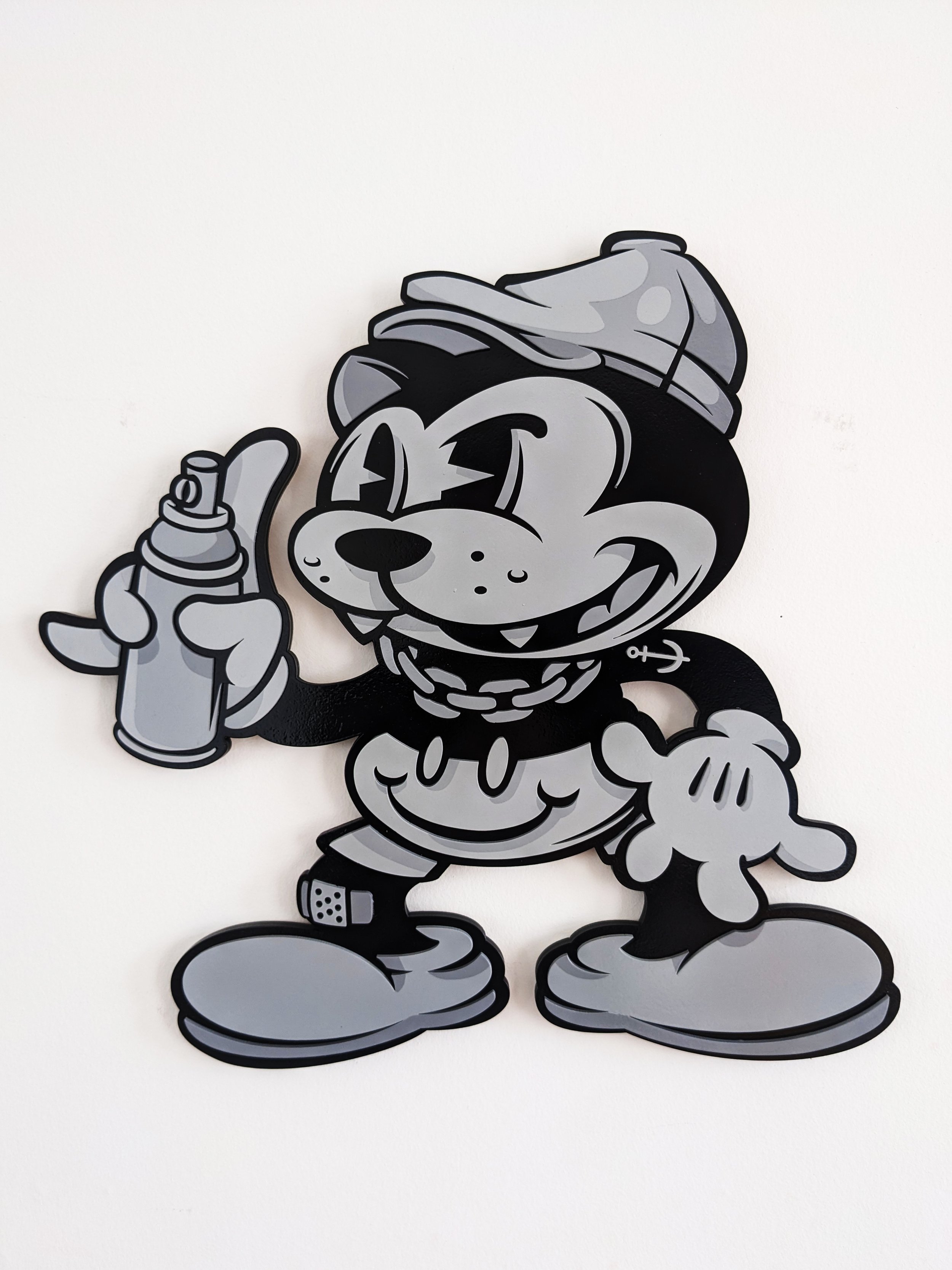 Handcrafted Wooden Laser-Cut Art: 1930's Cartoon Bandit- Black & Grey