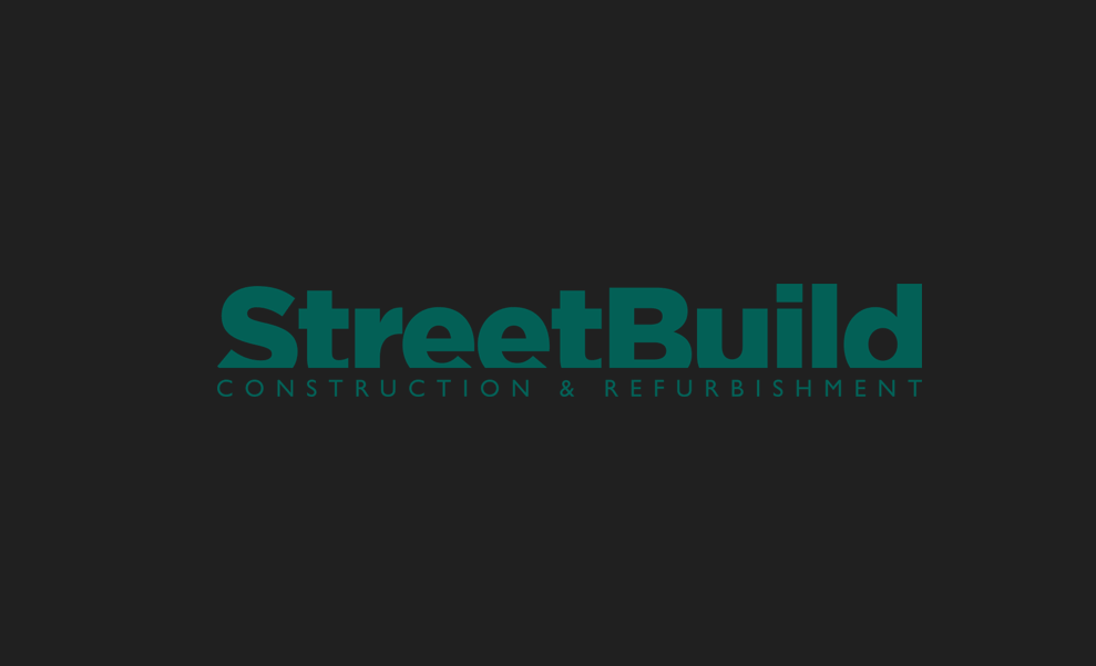 Logo for StreetBuild Construction & Refurbishment, with teal text on a black background.