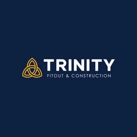 Trinity Fitout & Construction logo with a gold trinity knot symbol and white text on a dark blue background.