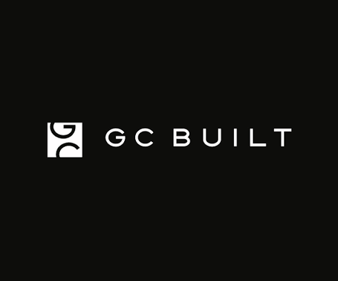Black background with a white logo and text that reads "GC BUILT." The logo features a stylized letter "G" and "C" combined in a square design.