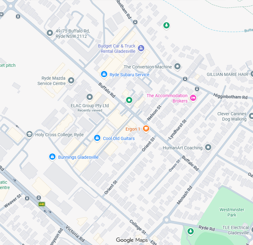 Map showing locations along Buffalo Road and nearby streets in Gladesville, including businesses and landmarks such as Bunnings Gladesville, Holy Cross College, and Westminster Park.