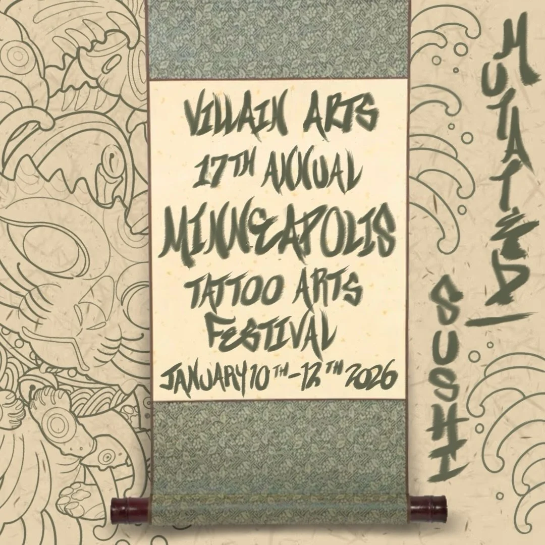 🎆 Hello everyone! 🎆 
This weekend, @nikihughestattoos, @laserwitch, @zachzillatattoos, @oddzephyr, and I will be attending the 17th annual @villainarts @minneapolistattooartsfestival
January 9th-11th 
at the Hyatt Regency Minneapolis.

1300 Nicolle