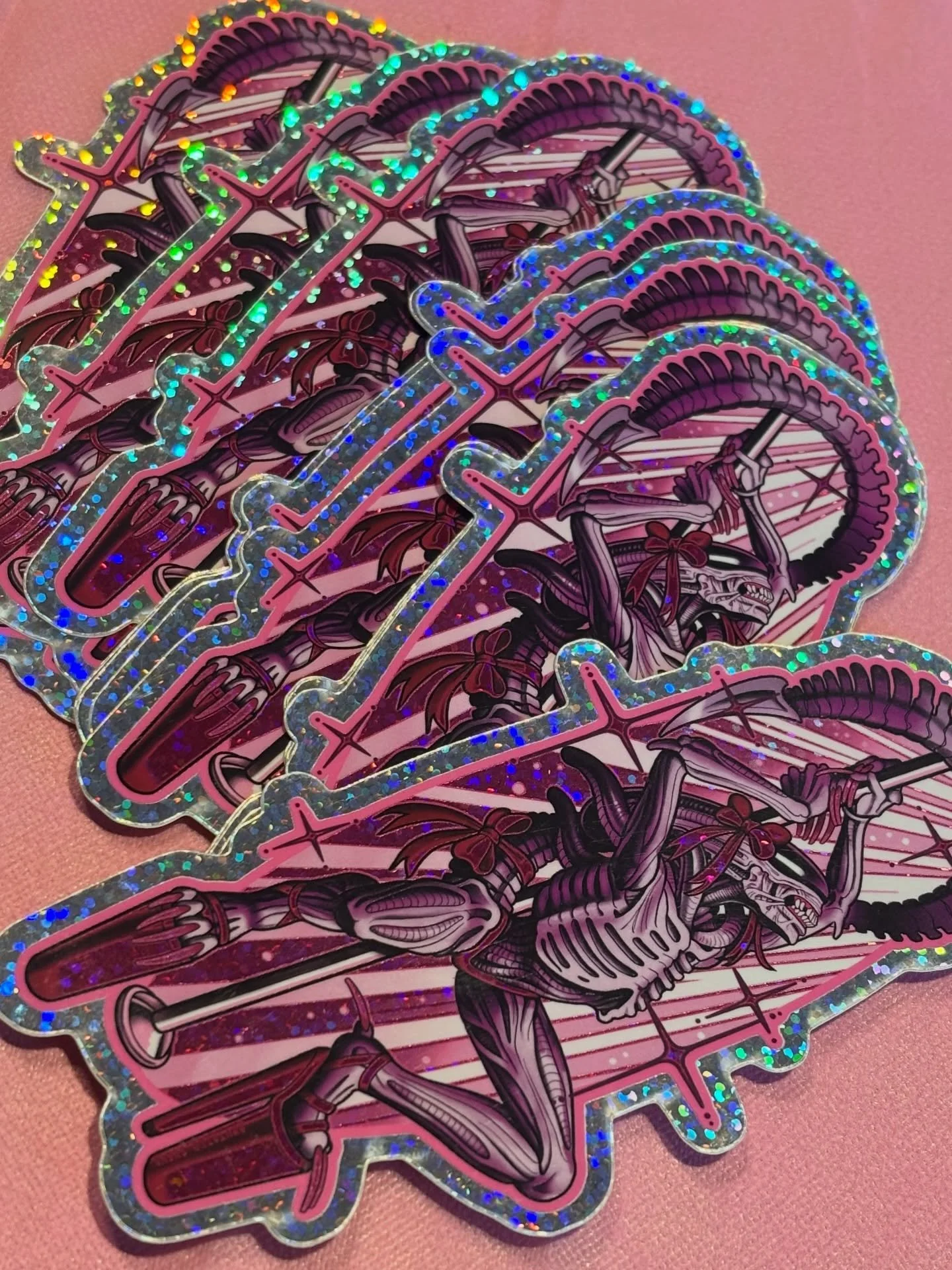 ✨Slaylien stickers are now in! ✨👽💖🎀💅✨

Now only $5 💁&zwj;♀️
Available at @pinkwidowtattoo 

For shipping, email me at mutated.sushi.tattoos@gmail.com
.
.
.
#sticker #alien #poledancer #pink #art