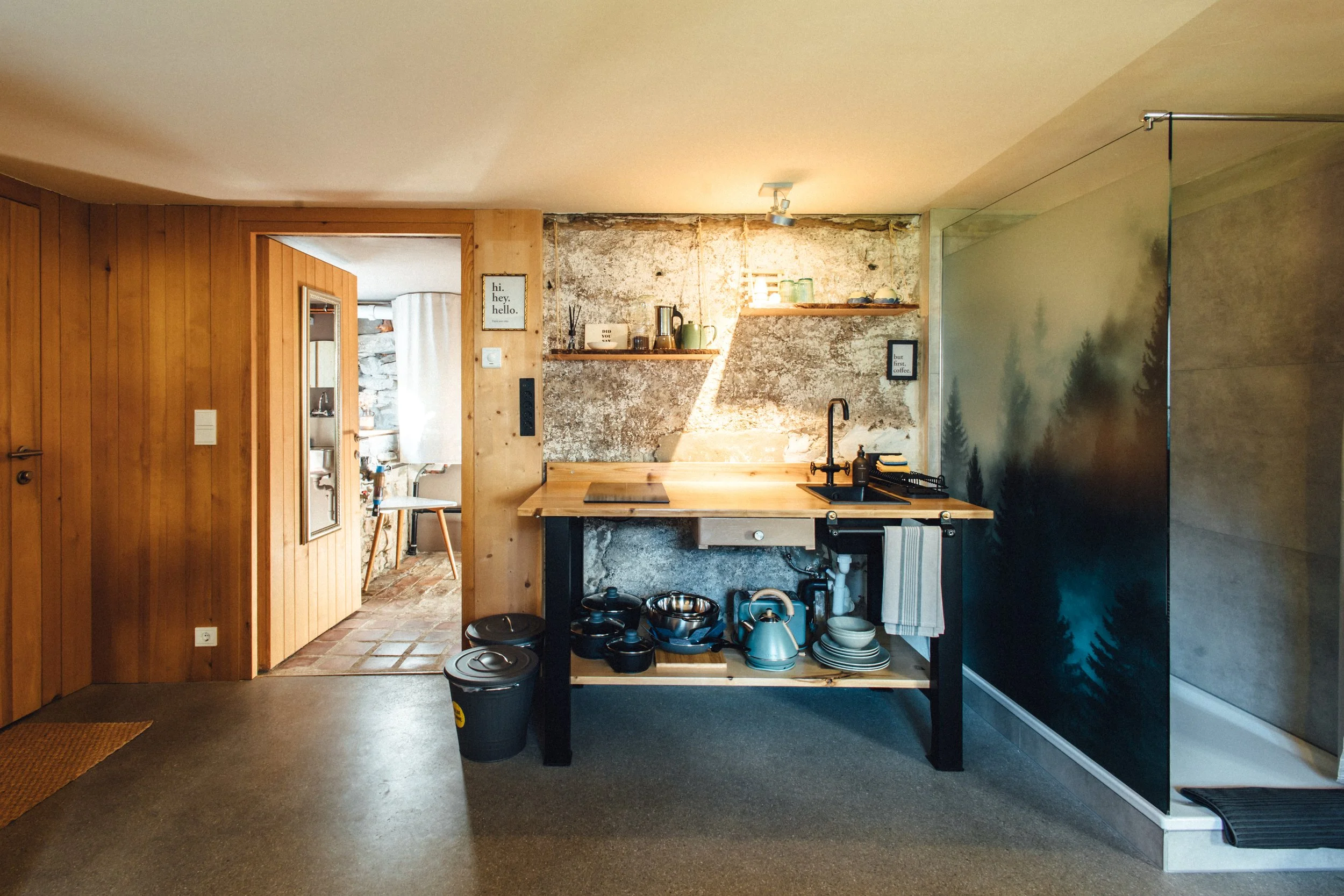 Ferienwohnung mit moderner lifestyle Küchenzeile, Natursteinmauer, Raumdusche