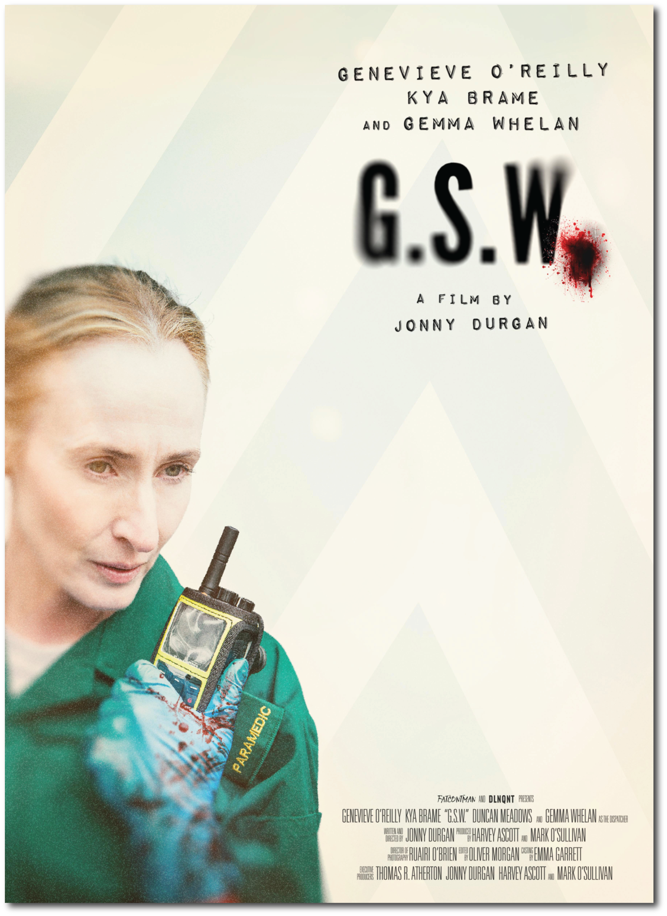 A woman in a green paramedic uniform holding a bloodied walkie-talkie, visible blood stains on her gloves. The background has light, abstract geometric patterns with text indicating this is a movie poster for 'G.S.W.' directed by Jonny Durgan.