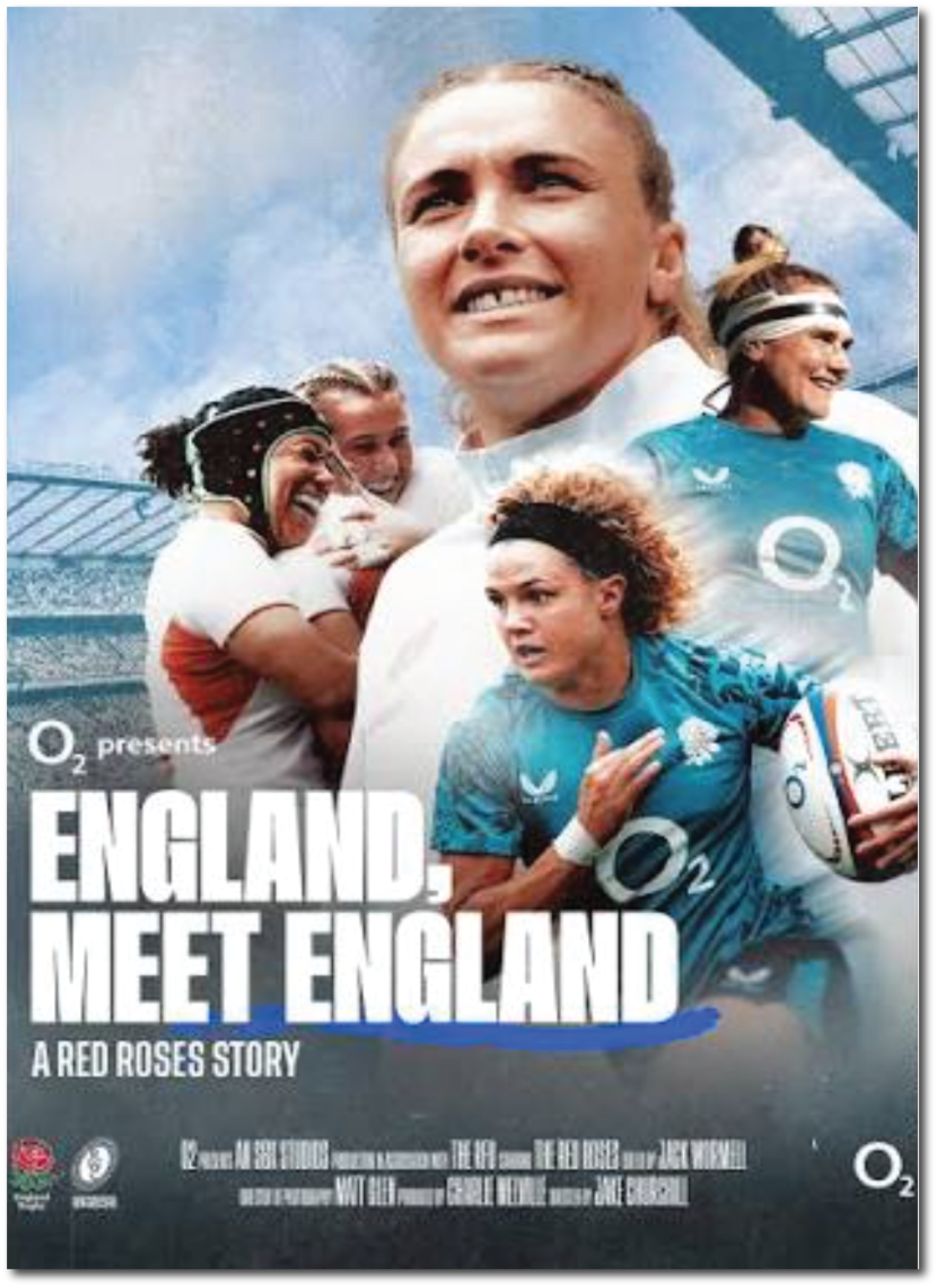 Cover of a book titled 'England, Meet England' featuring a group of diverse rugby players celebrating on a stadium field with a blue sky background.
