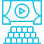 A computer monitor with a switch icon, a computer keyboard, and two circular icons resembling a power button and a settings gear.