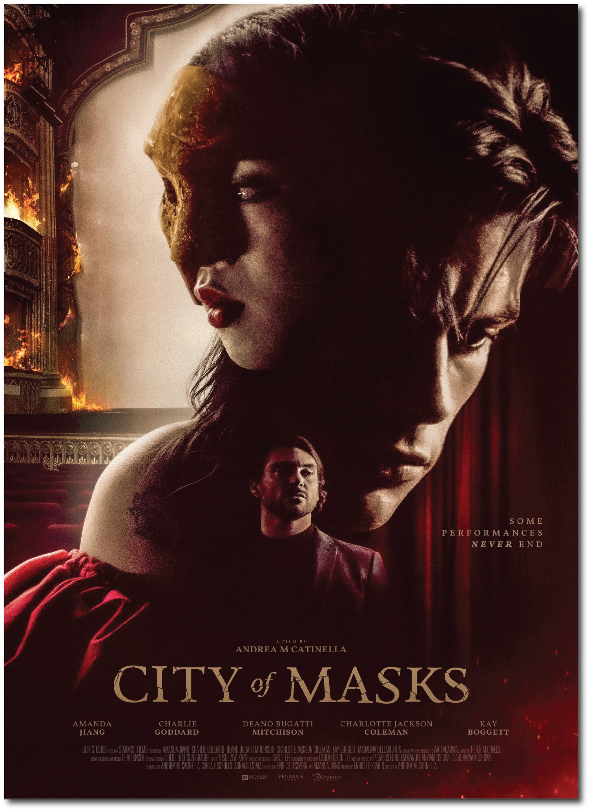 Movie poster for 'City of Masks' showing a woman's face profile with a serious expression, a man in the background, a burning building, and the tagline 'Some performances never end', with credits at the bottom.