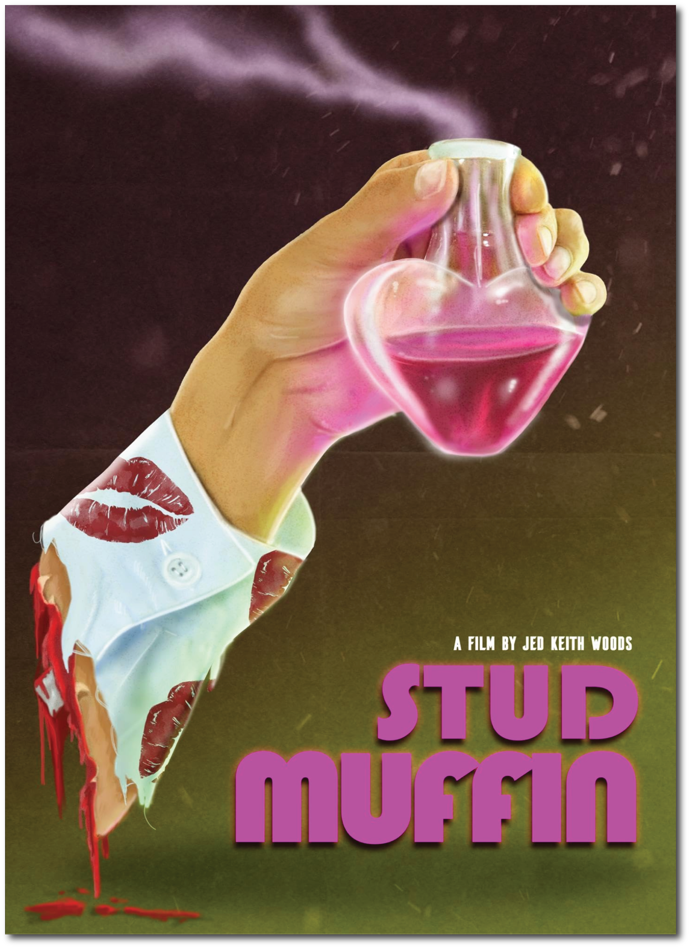 A hand holding a glass of pink milk with a heart shape outline, with spilled milk and red streaks, wearing a shirt with lipstick print, against a dark background with purple smoke.