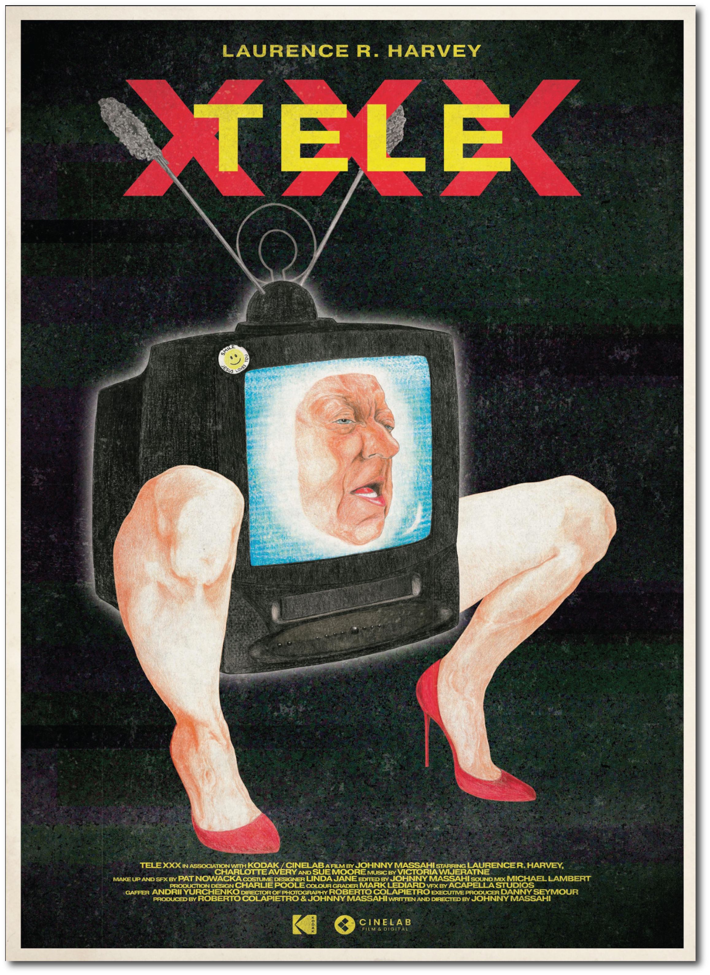 Poster for the film 'TEX' by Laurence R. Harvey featuring a stylized illustration of a woman with muscular arms, dressed in red high heels, holding an old-fashioned television displaying a face with elderly appearance. The title 'TEX' appears prominently at the top, and credits and logos are at the bottom.