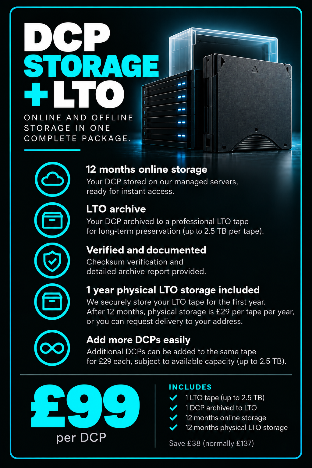 Advertisement for DCP storage and LTO tape archive services with a background of server hardware and neon accents.
