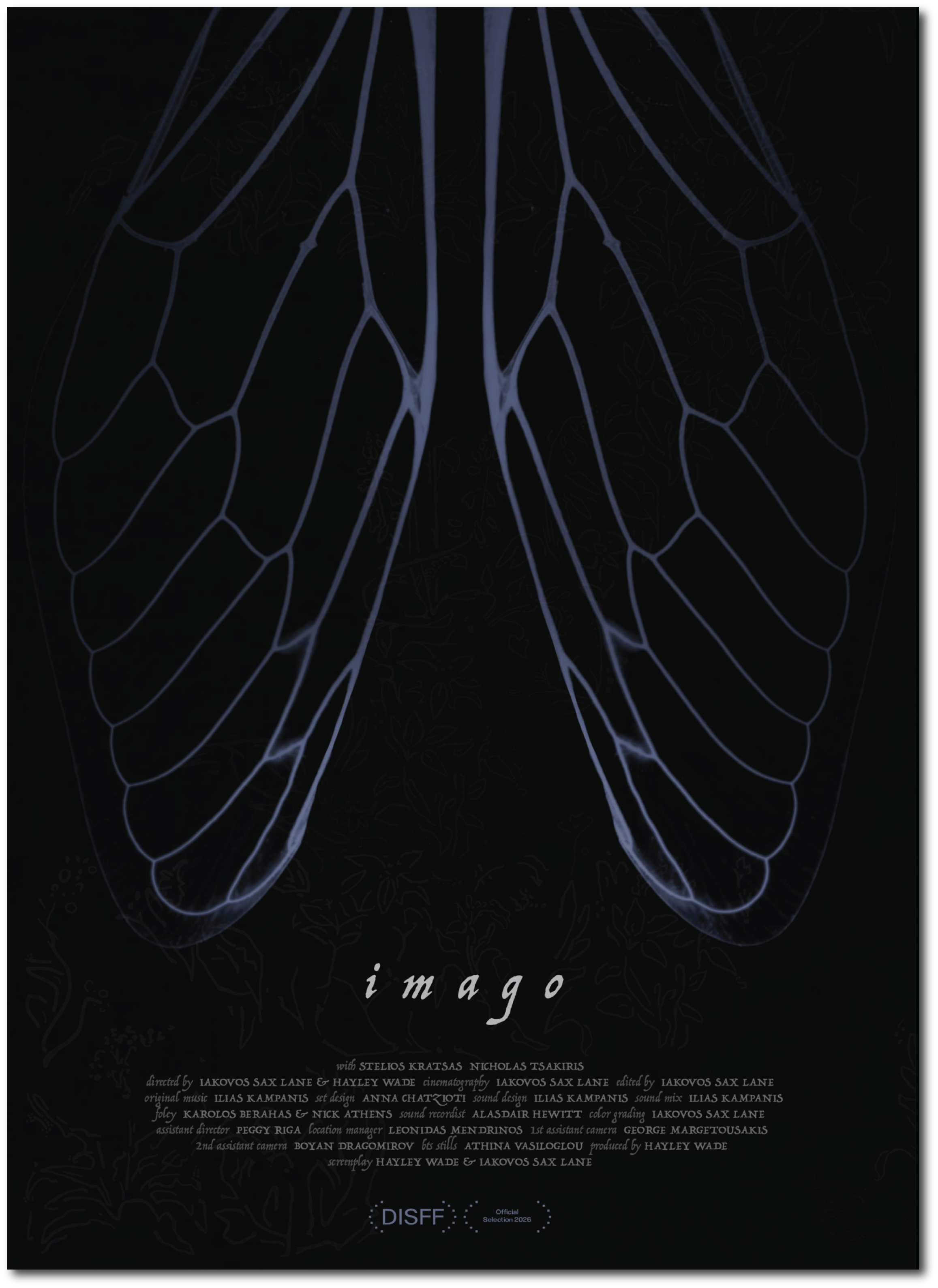 Dark poster with a glowing spiderweb design and the word 'imago' in white cursive text. Smaller text lists credits and the DISFF logo at the bottom, indicating it is an official selection for 2026.
