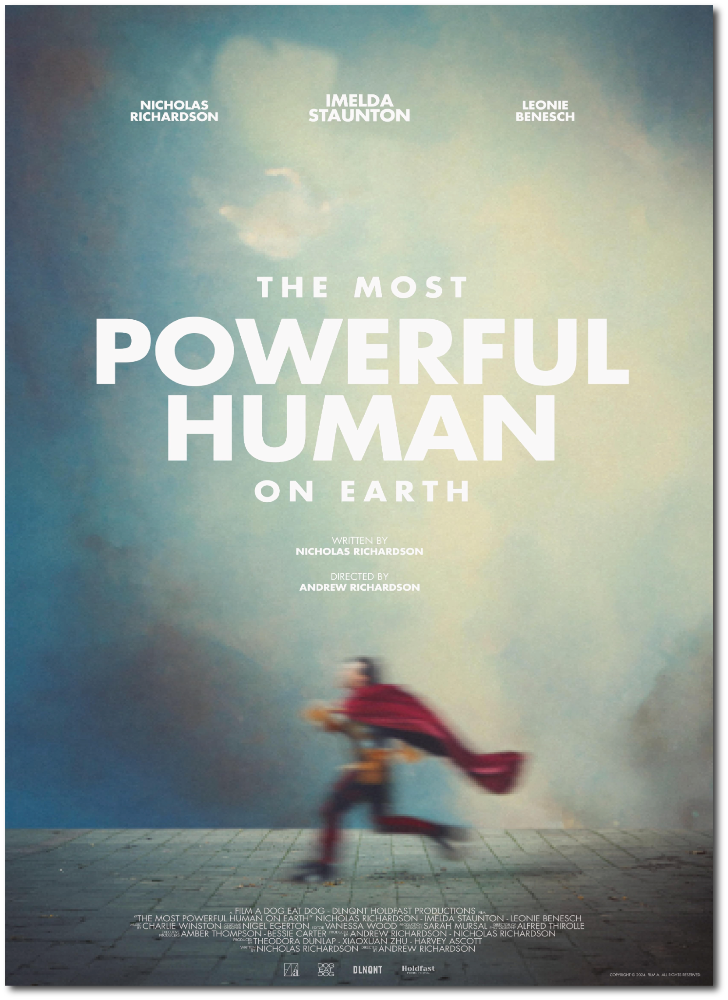 Blurred image of a person in red running past a large poster with a cloudy sky and the title 'The Most Powerful Human on Earth' by Nicholas Richardson. The poster includes names Imelda Sauntón, Leonie Benesch, and Nicholas Richardson.