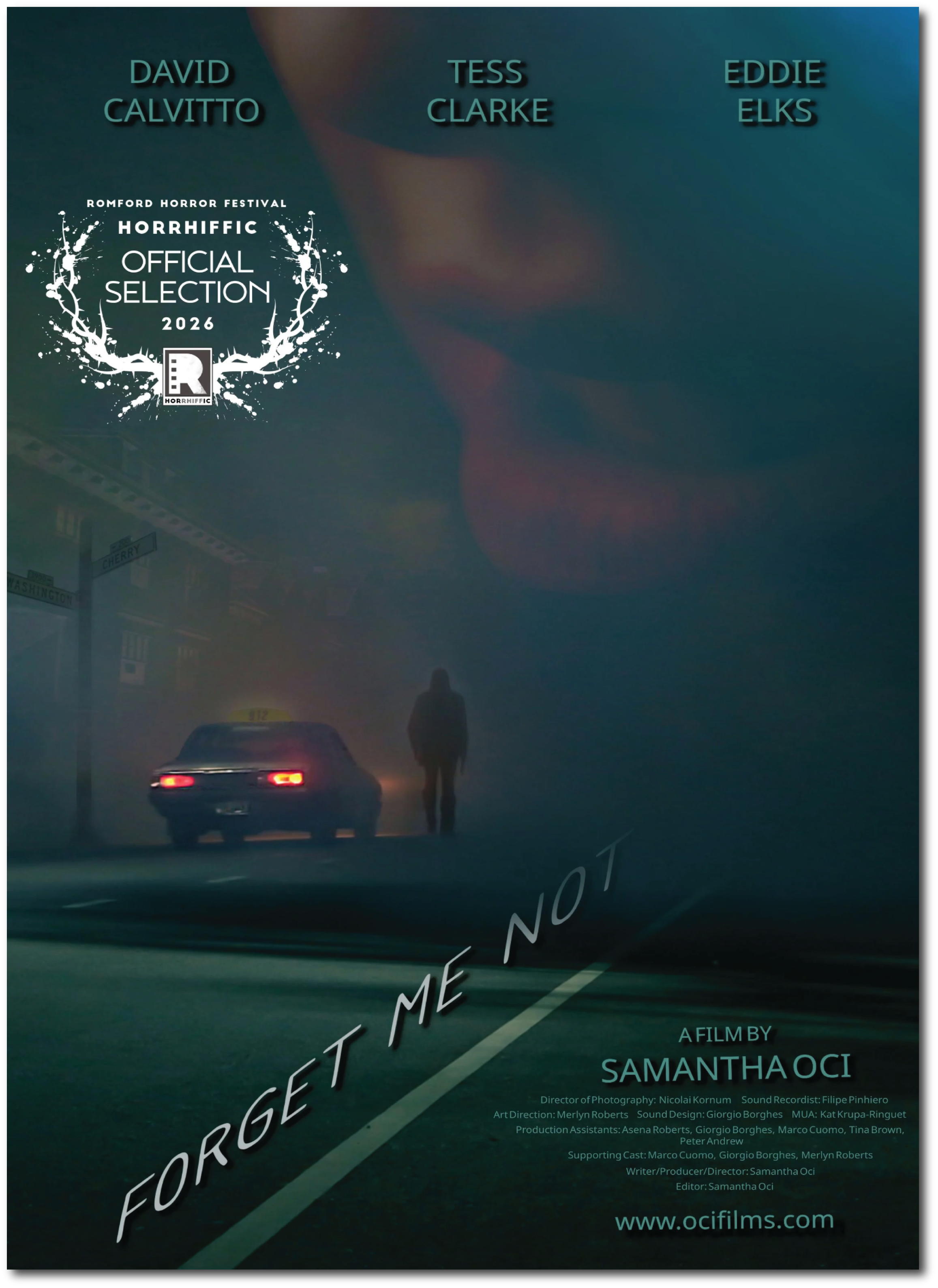 A dark street scene with a person walking and a car with illuminated taillights. Overlaid text describes a film titled 'Forget Me Not' by Samantha Oci, with credits for director, sound, art, and production team. The scene is obscured by dense fog or smoke, creating a mysterious atmosphere.