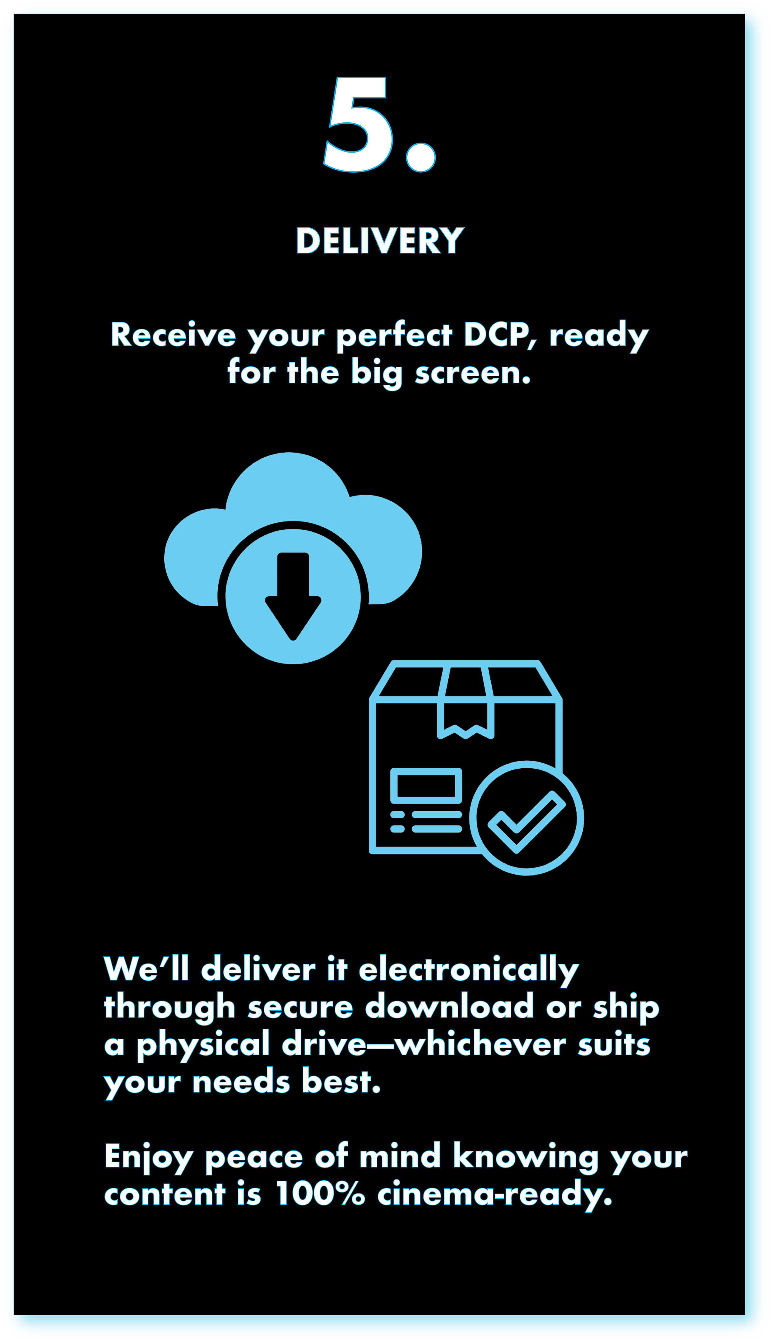 Step 5: Delivery description with cloud download, package, and checkmark icons.