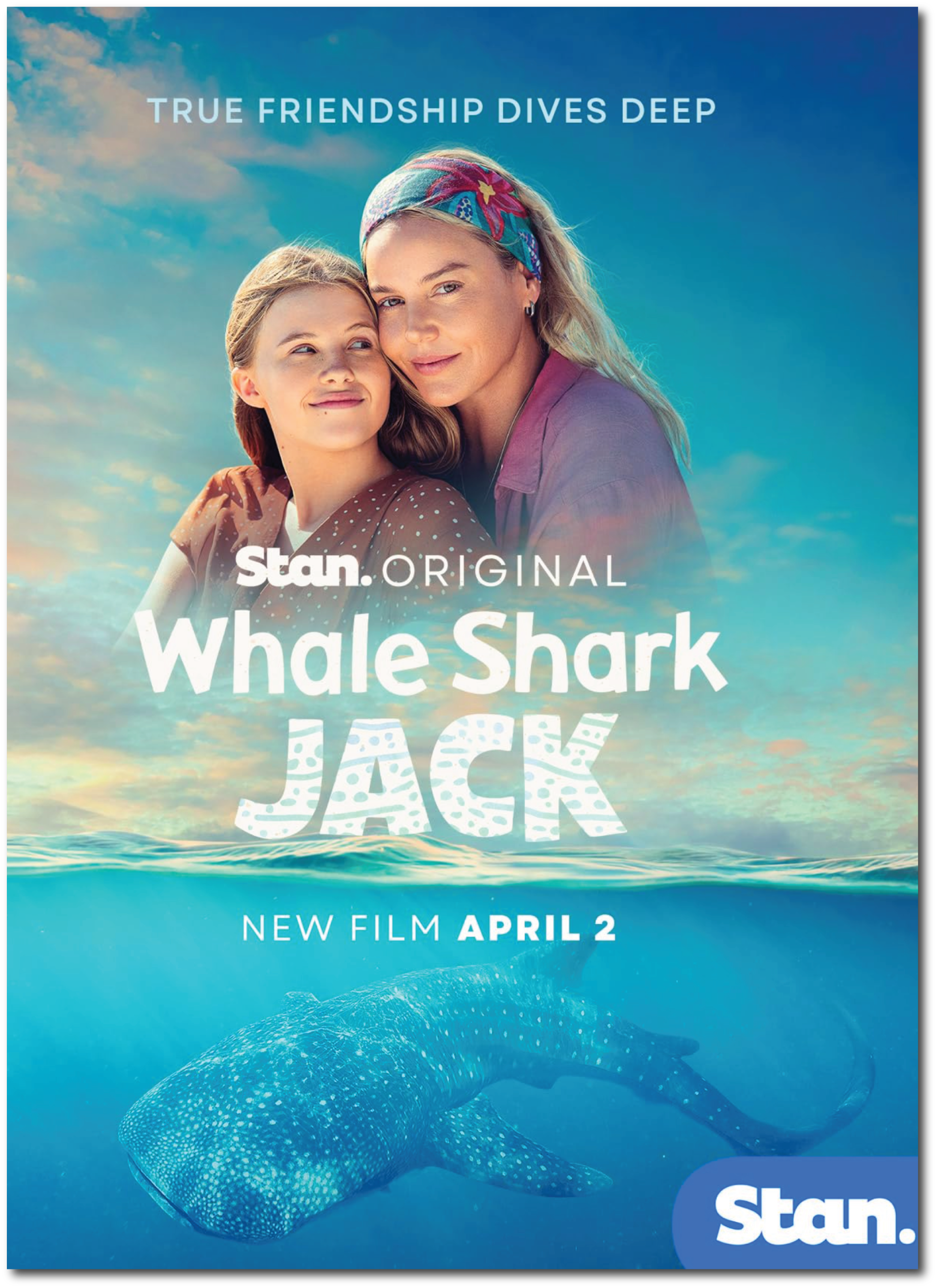 Poster for the documentary film 'Whale Shark Jack' featuring a woman and a girl with a whale shark swimming below them, promoting the film's release on April 2.