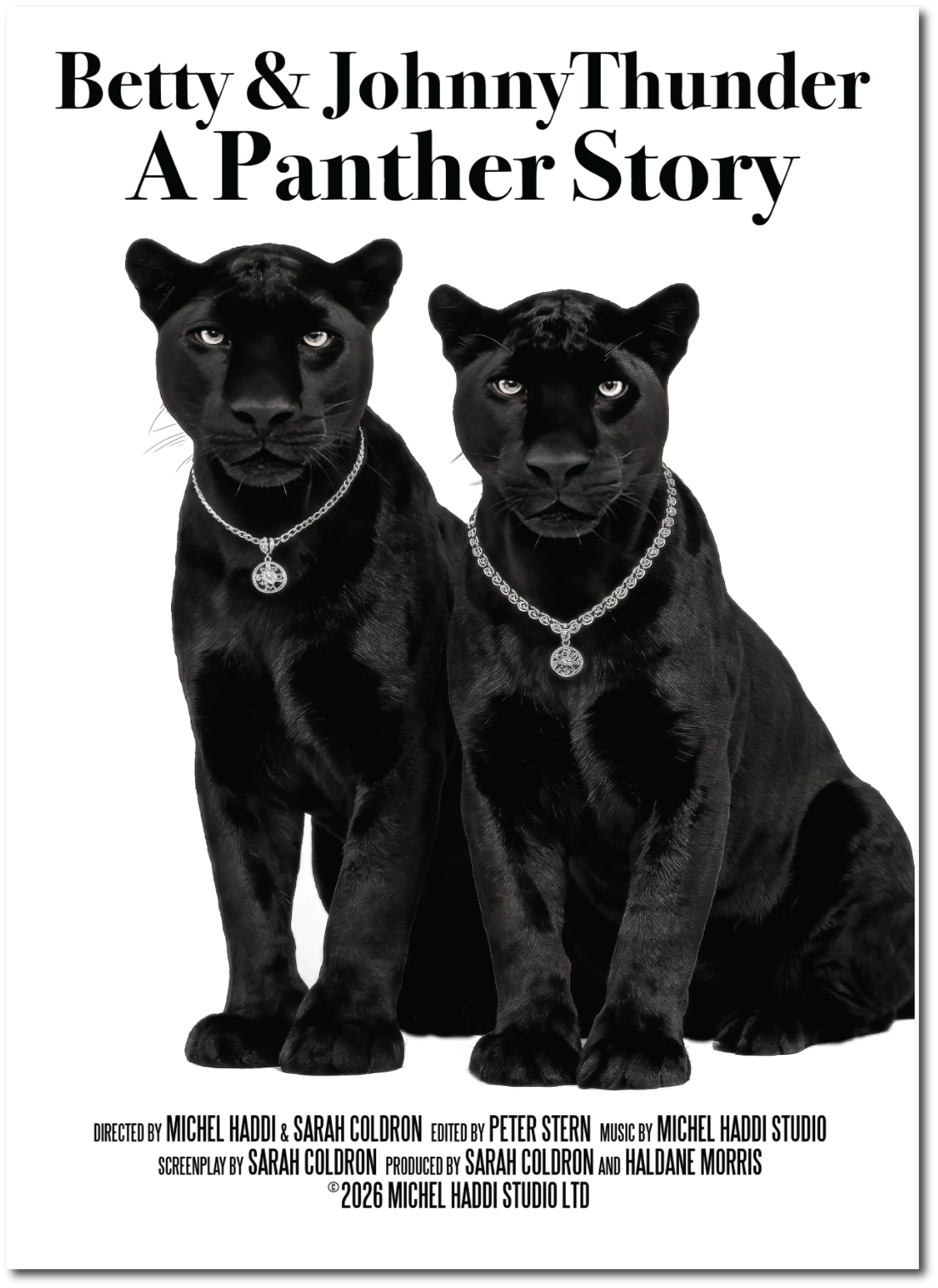 Movie poster featuring two black panther characters with silver necklaces, with text indicating the film titled 'Betty & Johnny Thunder: A Panther Story' and credits for director Michel Haddi, Sarah Coldron, editor Peter Stern, music by Michel Haddi Studio, screenplay by Sarah Coldron, featured in 2026.