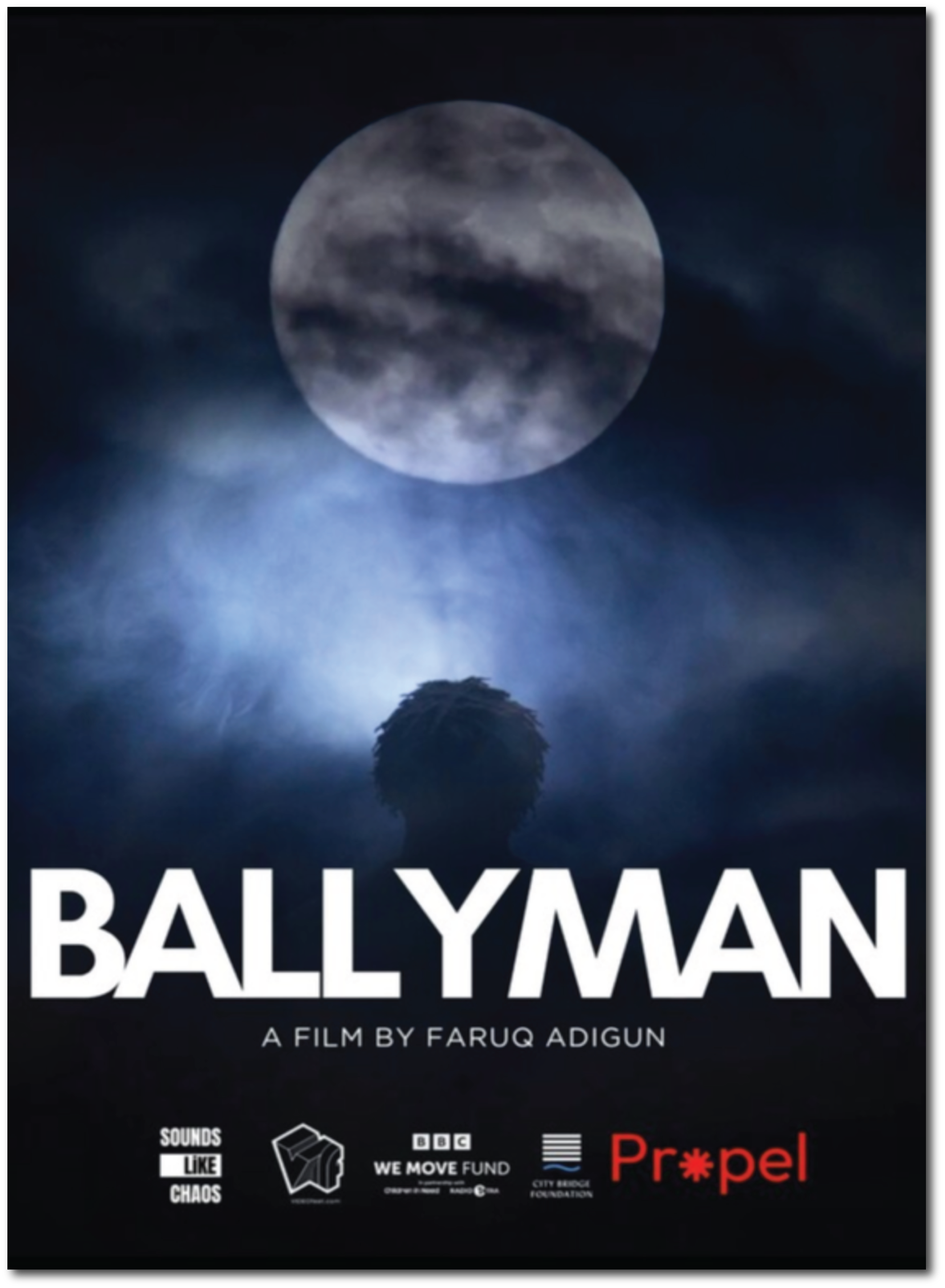 Movie poster for 'BallYman', directed by Faruq Adikun. The poster features a large, full moon with a clouded sky, and the silhouette of a tree. The title 'BallYman' is prominently displayed at the bottom in bold white letters, with additional credits and sponsor logos beneath.