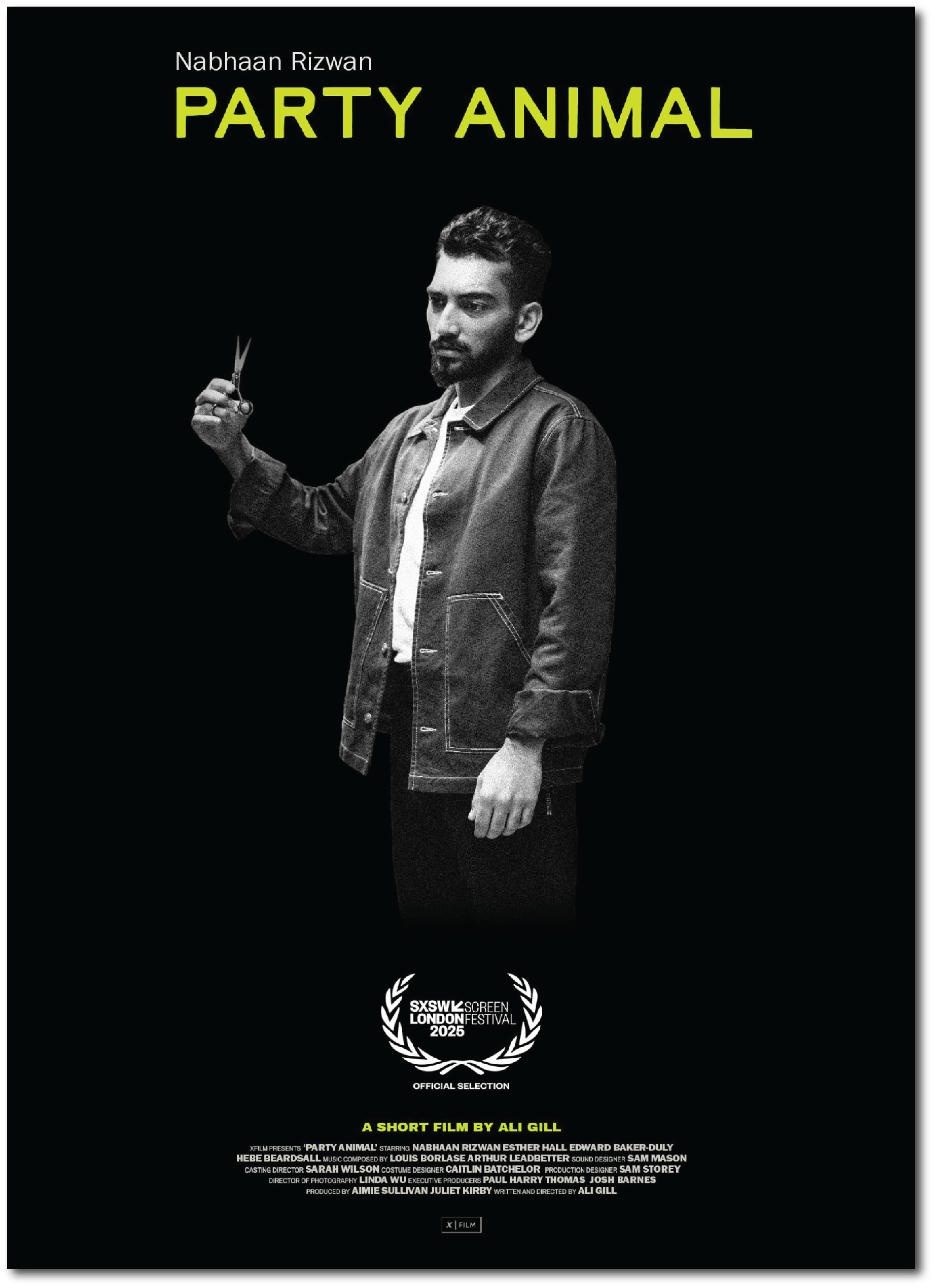Movie poster for 'Party Animal' featuring a black and white photo of a man with a beard and short dark hair holding a small pair of scissors. The title is in bright green text, with director and cast information below, and a laurel indicating selection at the SXSW Screen Festival 2025.