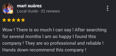 Review from Mari Suárez praising a company's professionalism and reliability.