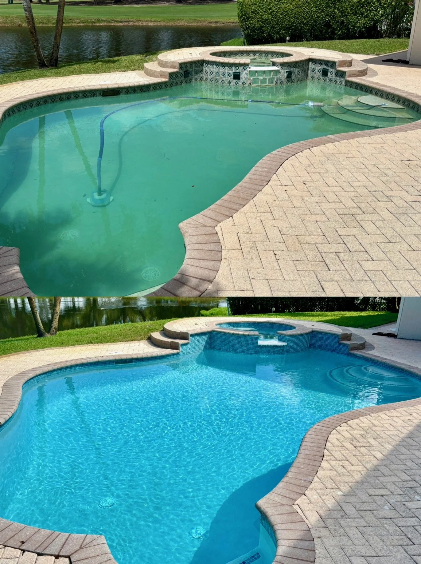 Side-by-side comparison of two backyard swimming pools, one before cleaning and one after cleaning, with the clean pool showing bright blue water. Pool cleaning transformation completed by Lux Pools