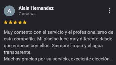 Screenshot of a 5-star review by Alain Hernandez praising the company's service, professionalism, clean pool, and transparent water. Five-star customer review for Lux Pools