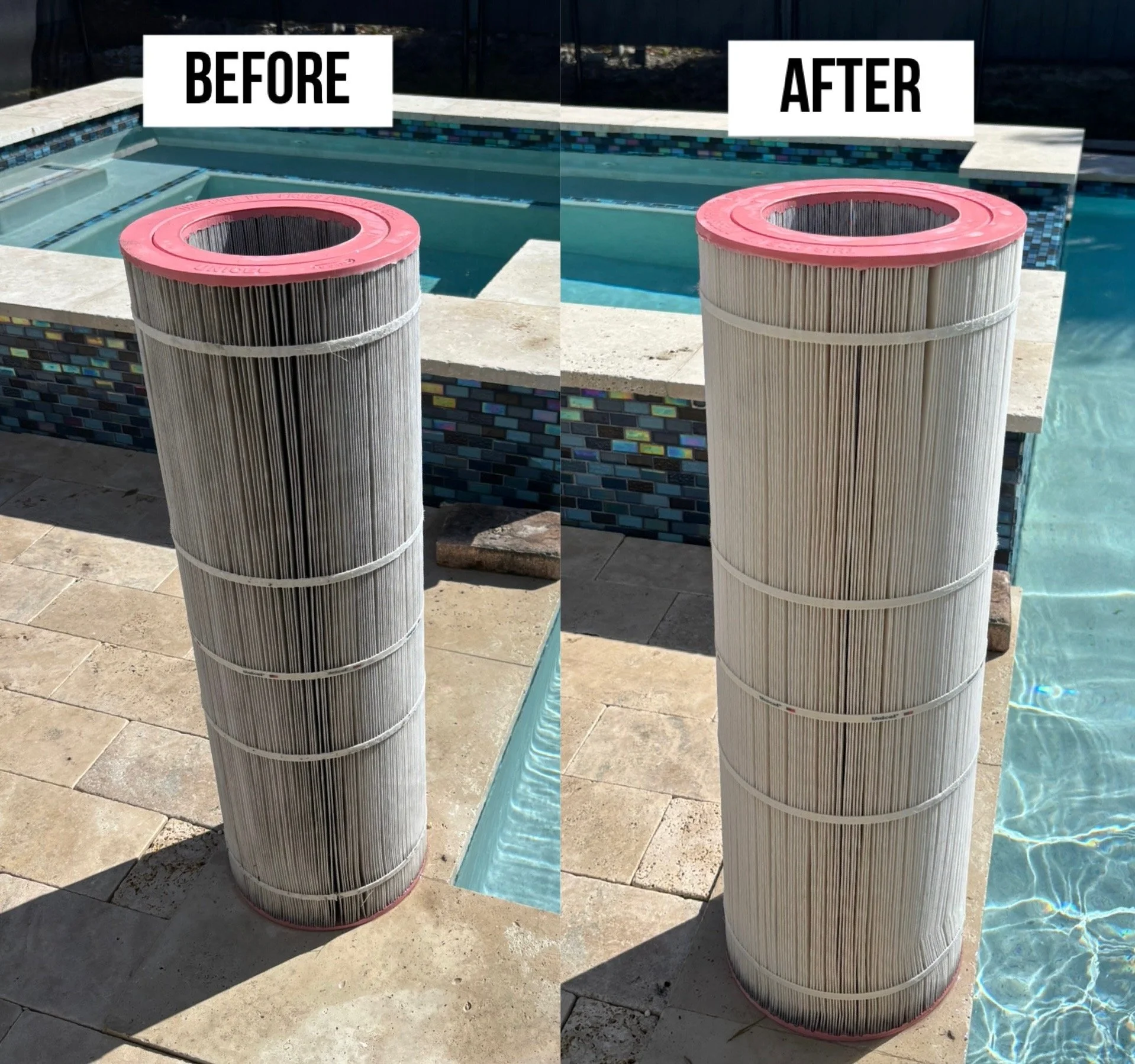 Comparison of a pool filter cartridge before and after cleaning, with the 'before' side showing a dirty cartridge and the 'after' side showing a clean cartridge near a swimming pool. Pool filter cleaning before and after service