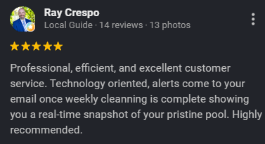 Review from Ray Crespo praising a cleaning service for professionalism and efficiency, highlighting real-time pool status updates. Five-star Google review from a Lux Pools customer Customer review praising Lux Pools pool service Five-star Miami