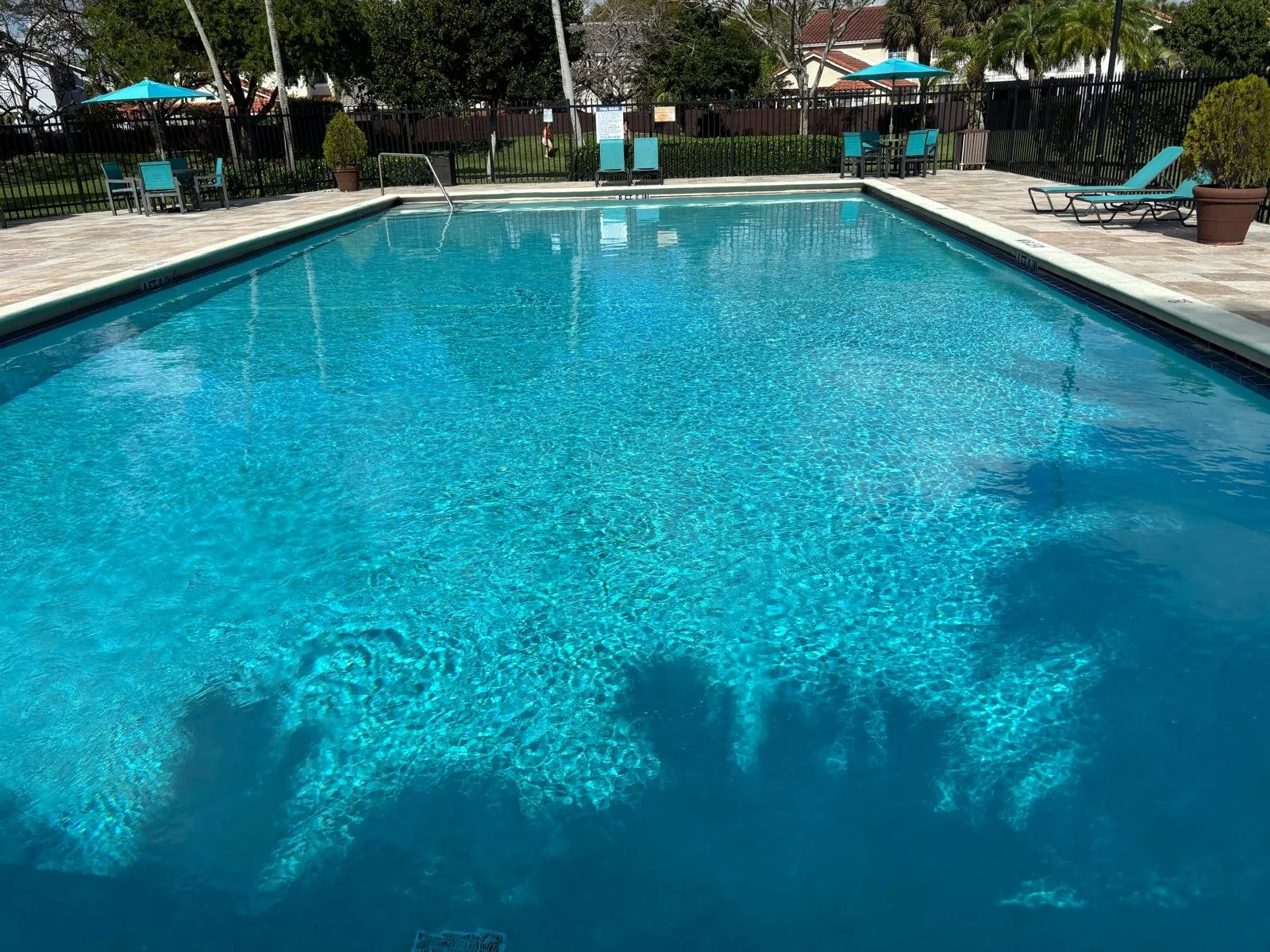 Empty outdoor swimming pool with clear blue water, surrounded by a paved deck area with lounge chairs, umbrellas, and a black fence. Green trees and buildings are visible in the background.