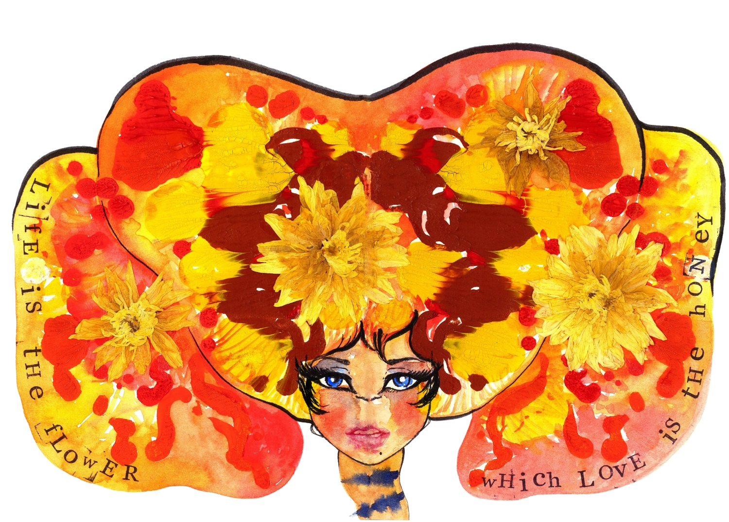 A colorful artistic illustration of a woman's face with large flower and fruit motifs forming her hair, featuring yellow, orange, and red colors, with words around the edges reading 'The flower is the only love which lasts forever'.