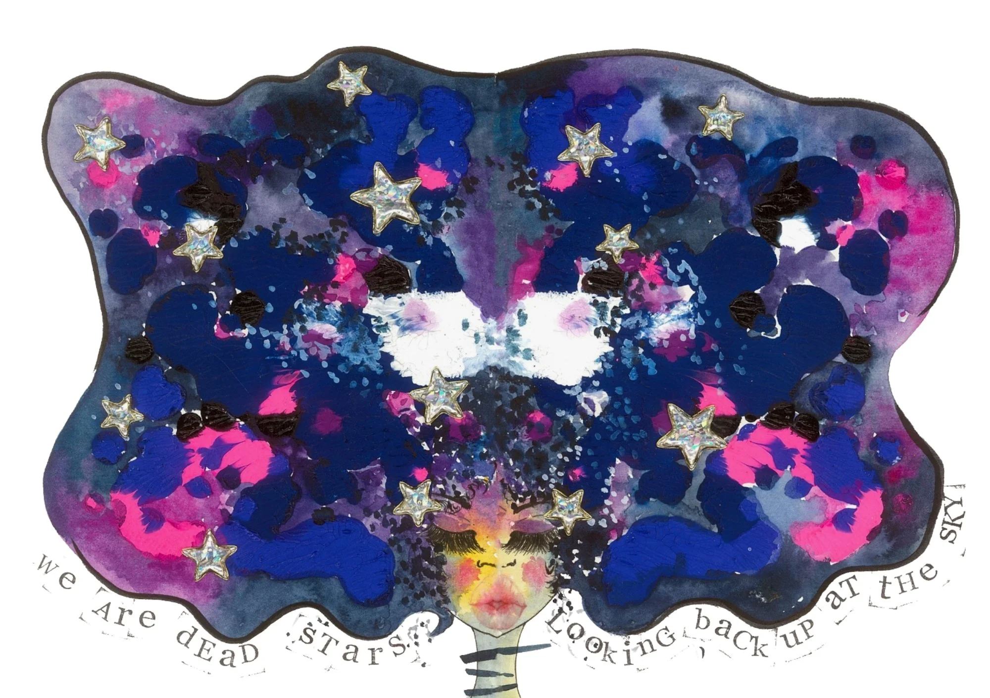 An artistic illustration of a woman with closed eyes, long eyelashes, and colorful space-themed hair filled with stars and galaxy-like colors in shades of purple, pink, blue, and white, with a quote at the bottom that reads "We are dead stars, looking back at the sky."