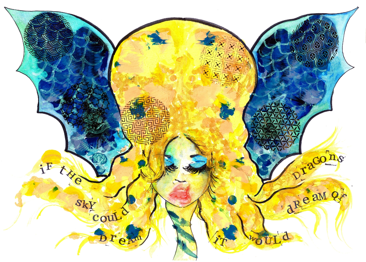 A colorful illustration of a fairy with yellow hair, blue eyeshadow, and closed eyes. She has blue and green patterned wings and black outlines. The fairy’s hair forms a quote that says, 'if the sky could dream it would.'