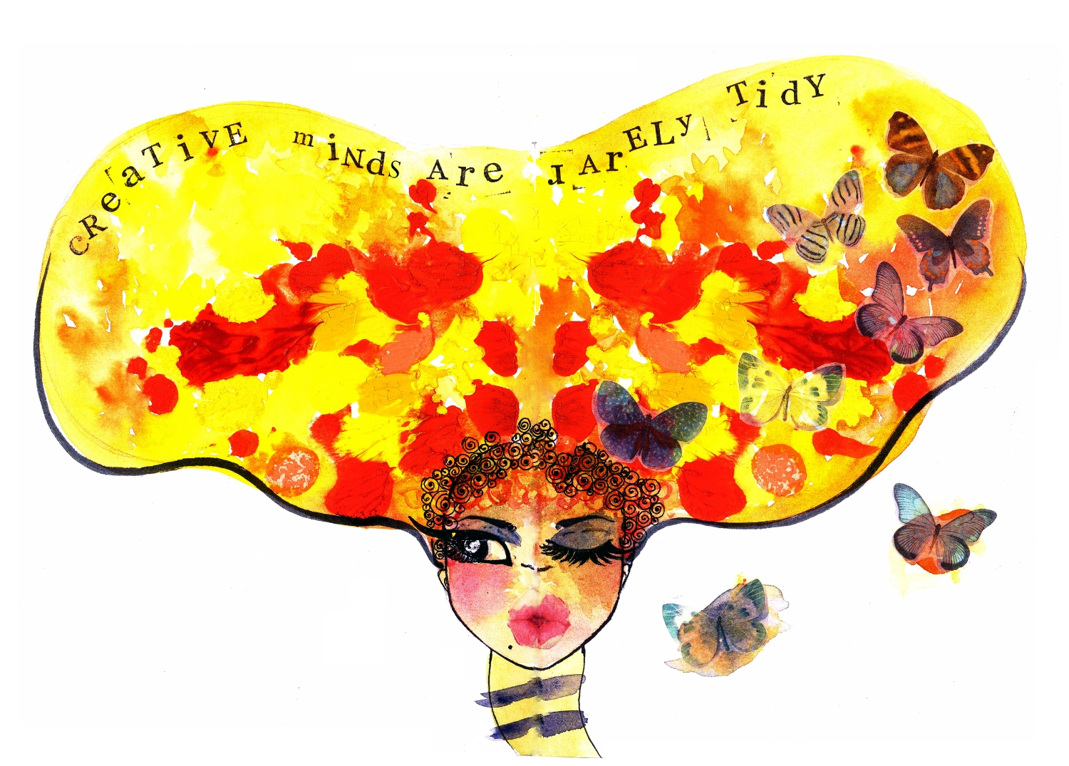 Watercolor illustration of a woman with large hair resembling a butterfly, with the words 'Creative Minds Are Rarely Tidy' written across her hair. Several colorful butterflies are flying around her head.