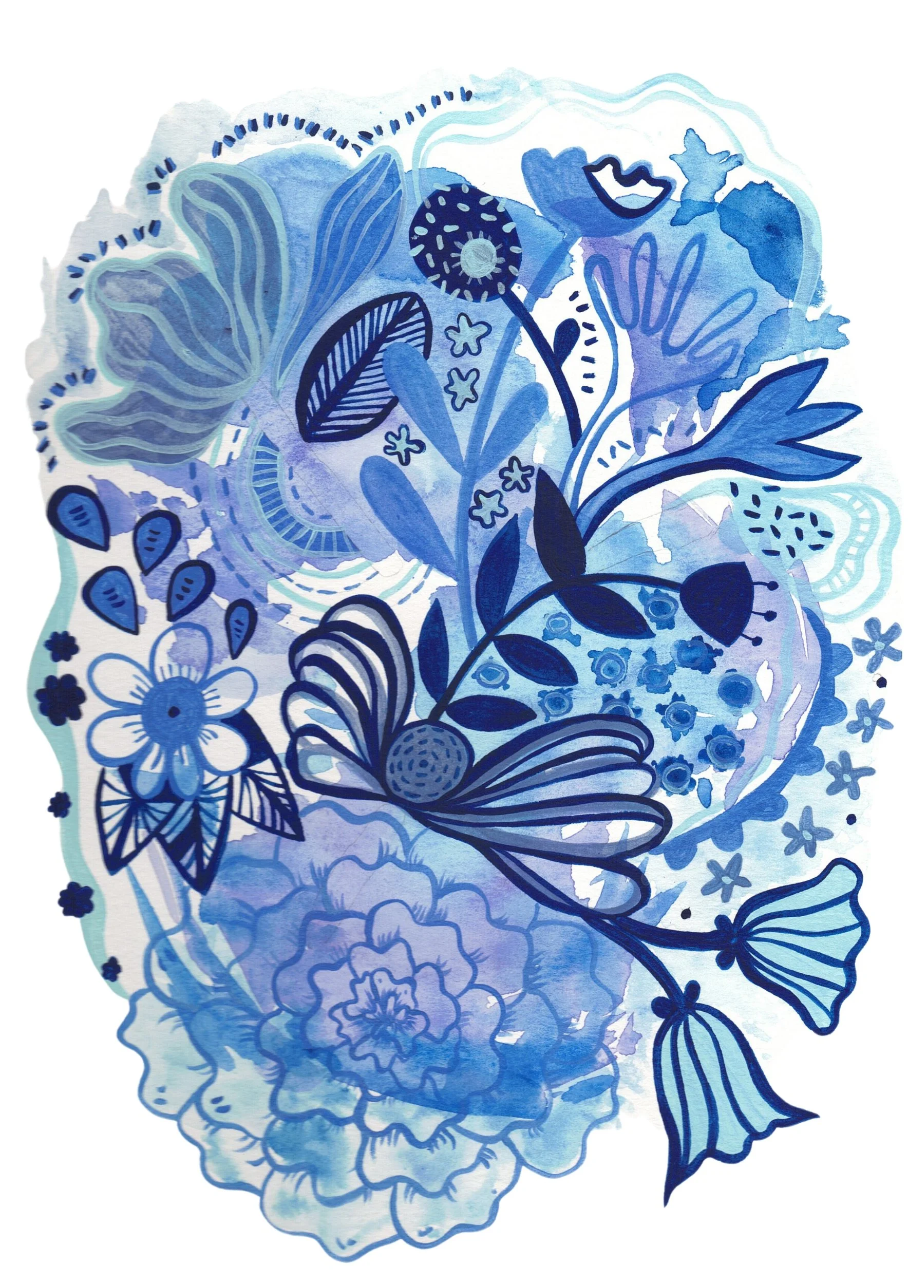 Blue watercolor floral illustration with various flowers, leaves, and abstract patterns.
