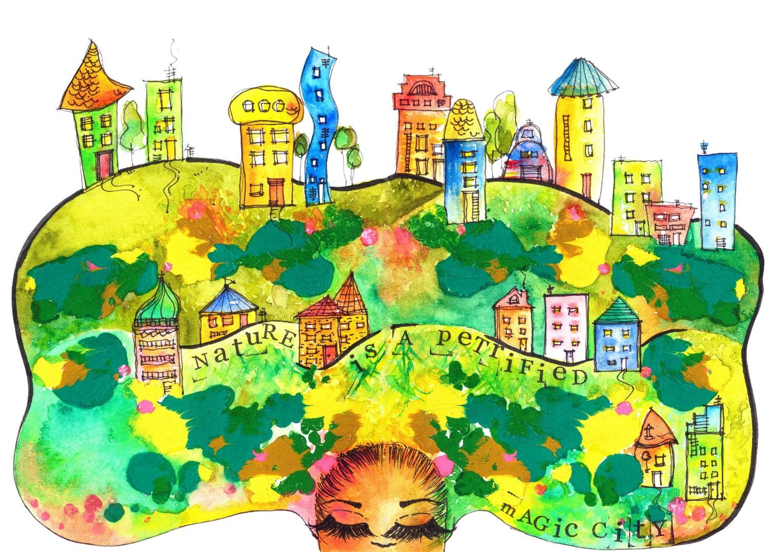 Colorful artistic illustration of a fairy-tale cityscape with whimsical buildings, lush greenery, and a banner with the words "Nature is a petrified magic city."