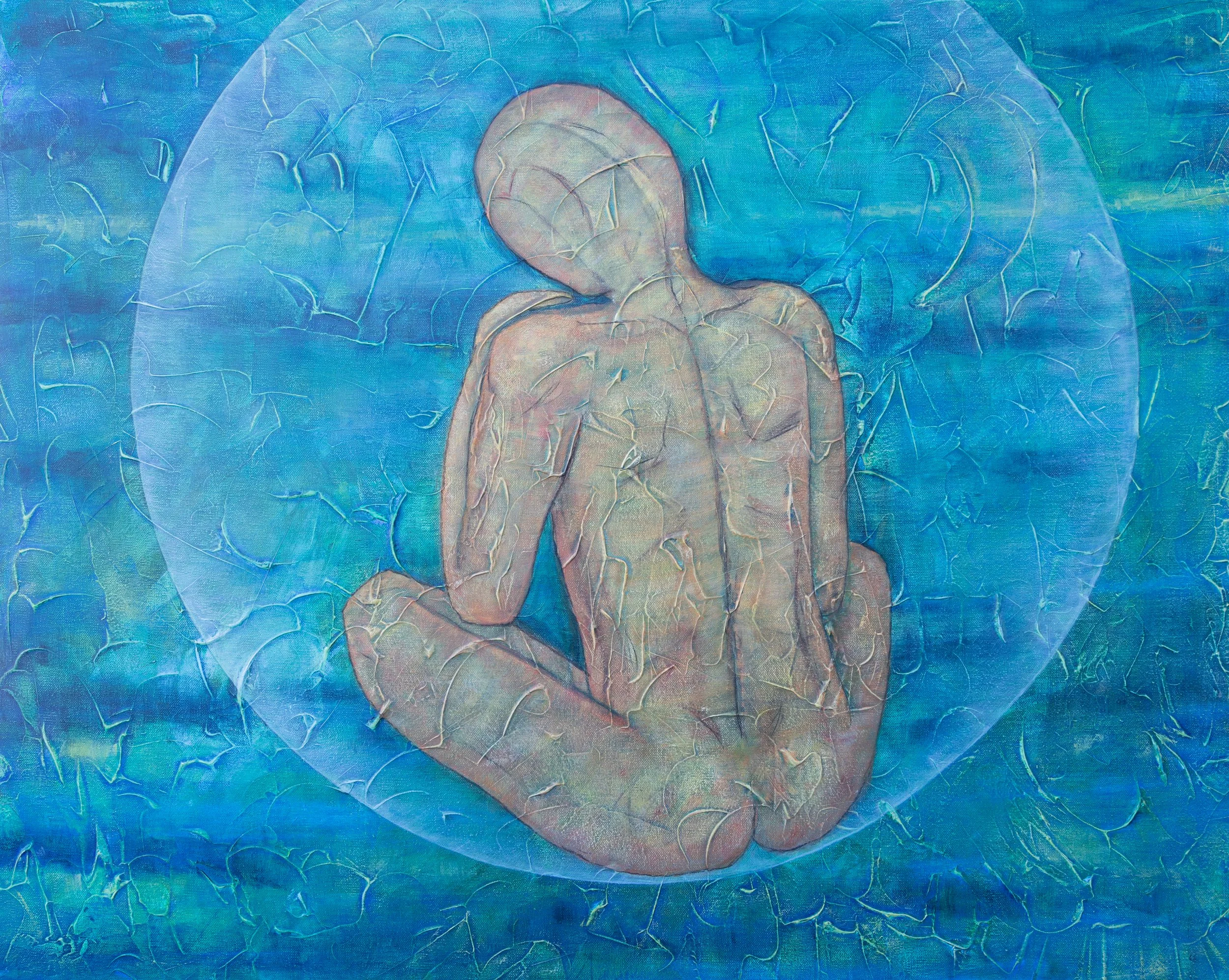 Abstrakt kunstverk med en sittende menneskefigur i en sirkel, omgitt av blå og turkise nyanser.