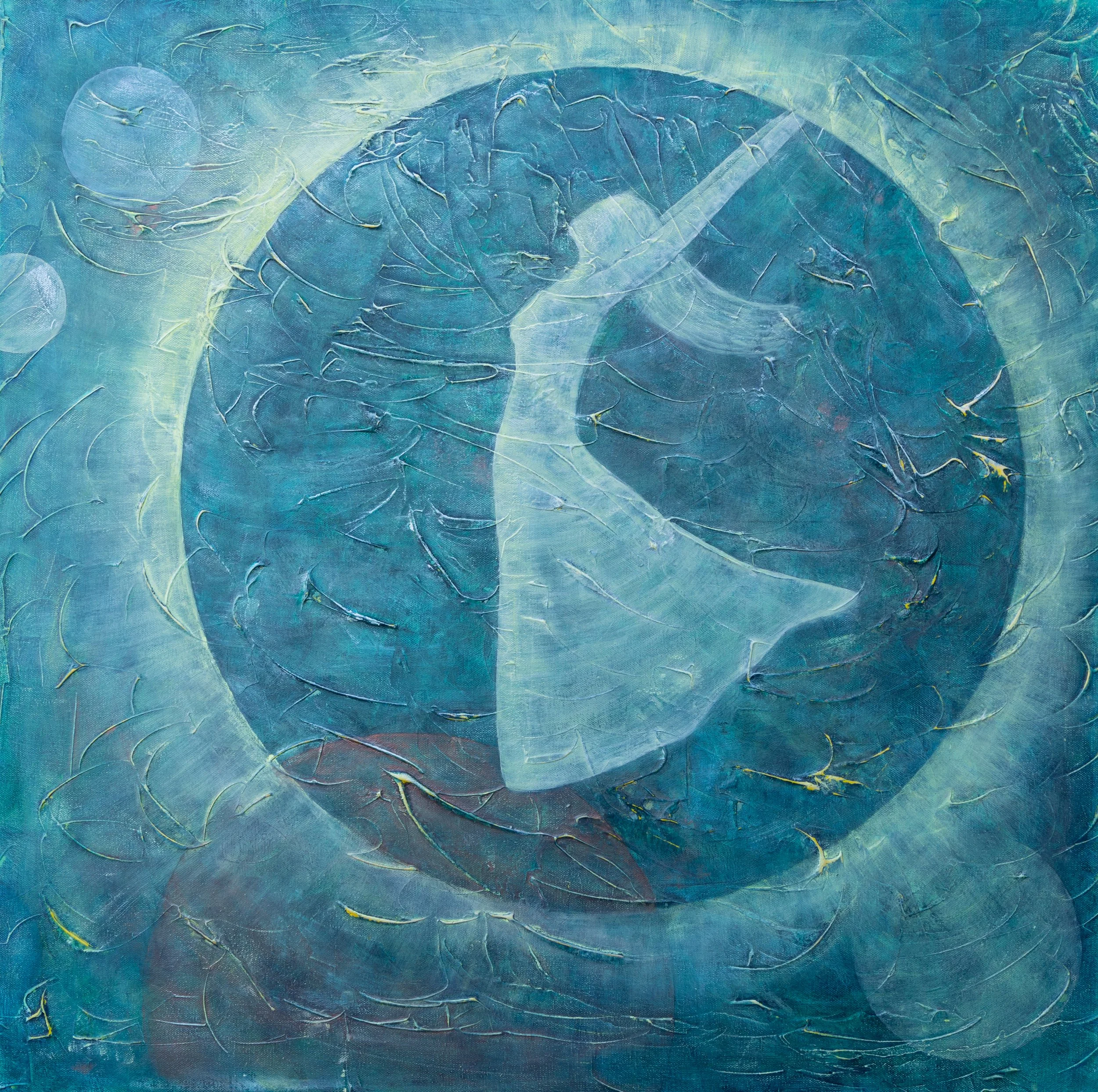 Abstrakt maleri med en silhuett av en dansende figur i lyse farger mot en bakgrunn av blå og grønne toner. Teksturen er rik med lag og strøk, noe som gir dybde og bevegelse.