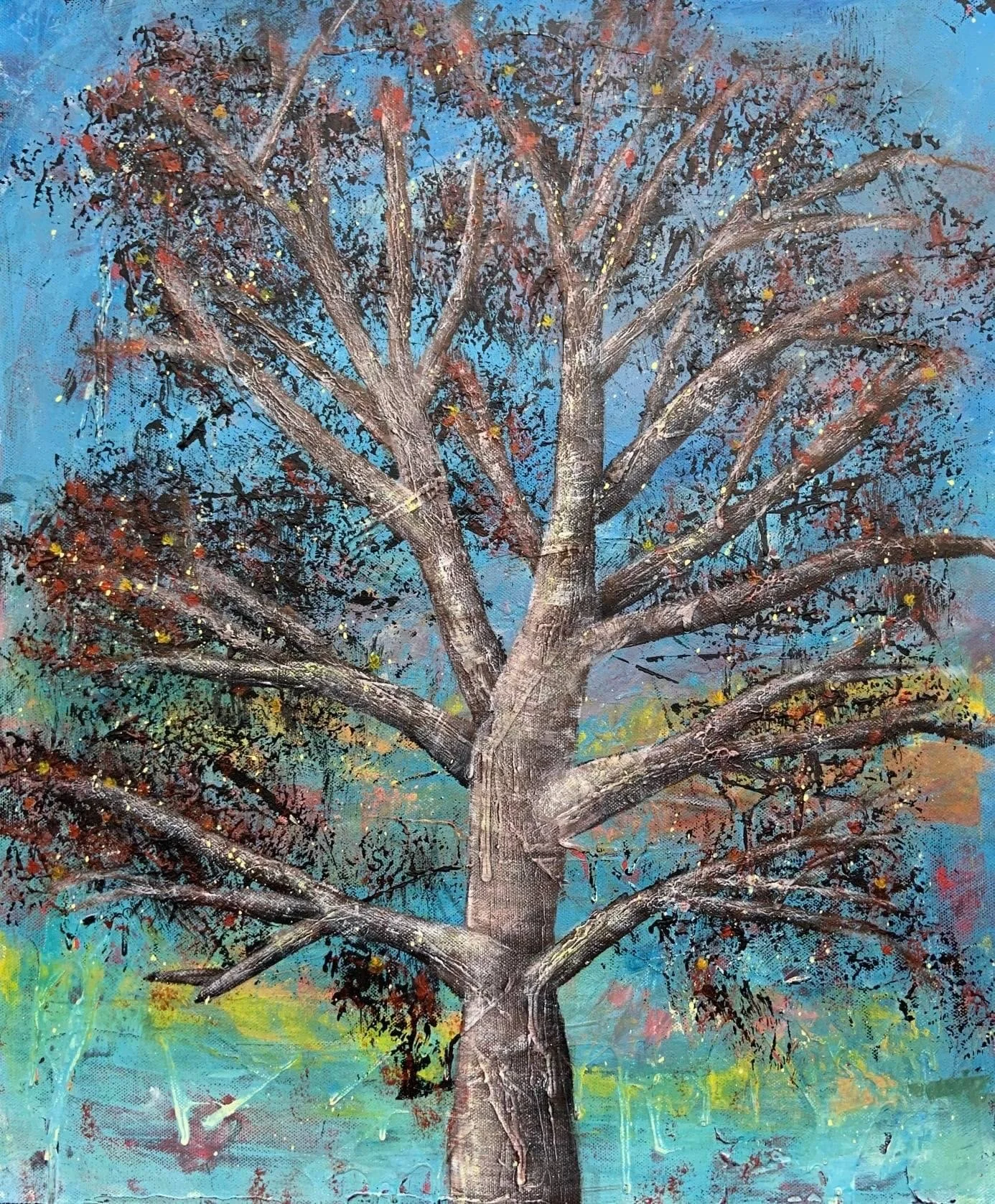 Malt bilde av et stort, grenete tre mot en blå og flerfarget bakgrunn.
