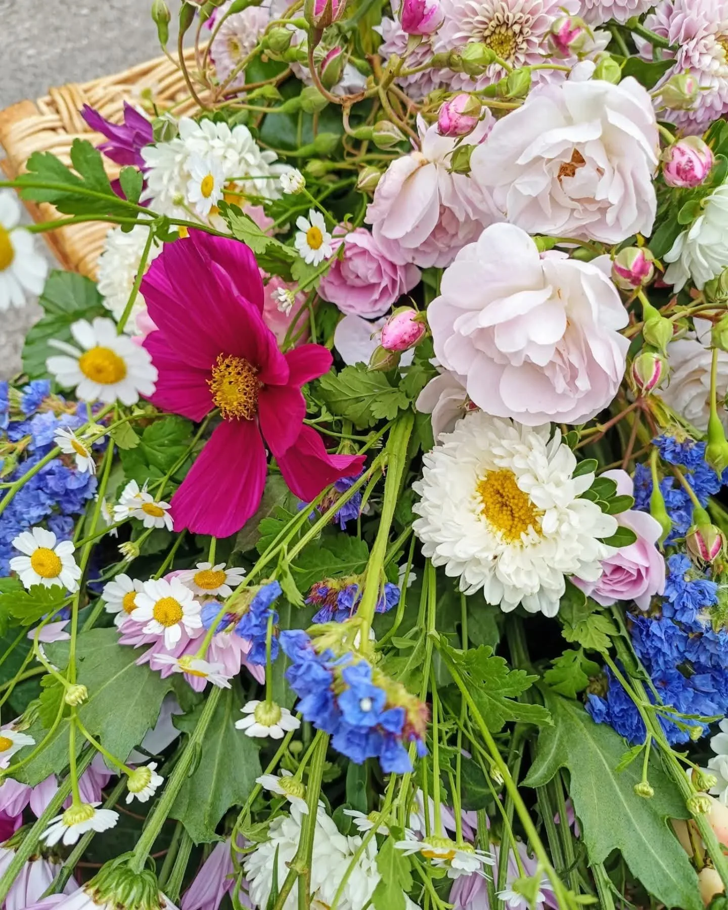 Colorful bouquet of mixed flowers including pink, white, blue, and purple flowers with green leaves.