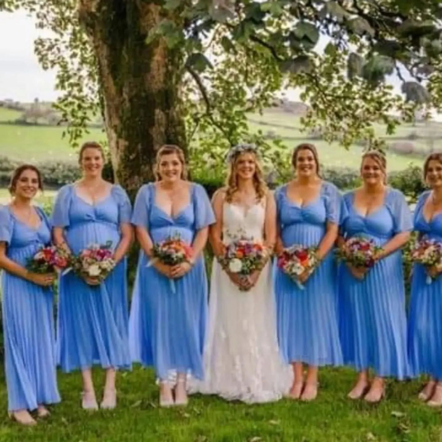 A bride and six bridesmaids standing outdoors under a large tree with green fields in the background. The bride wears a white gown, while the bridesmaids wear light blue dresses and hold colorful bouquets.