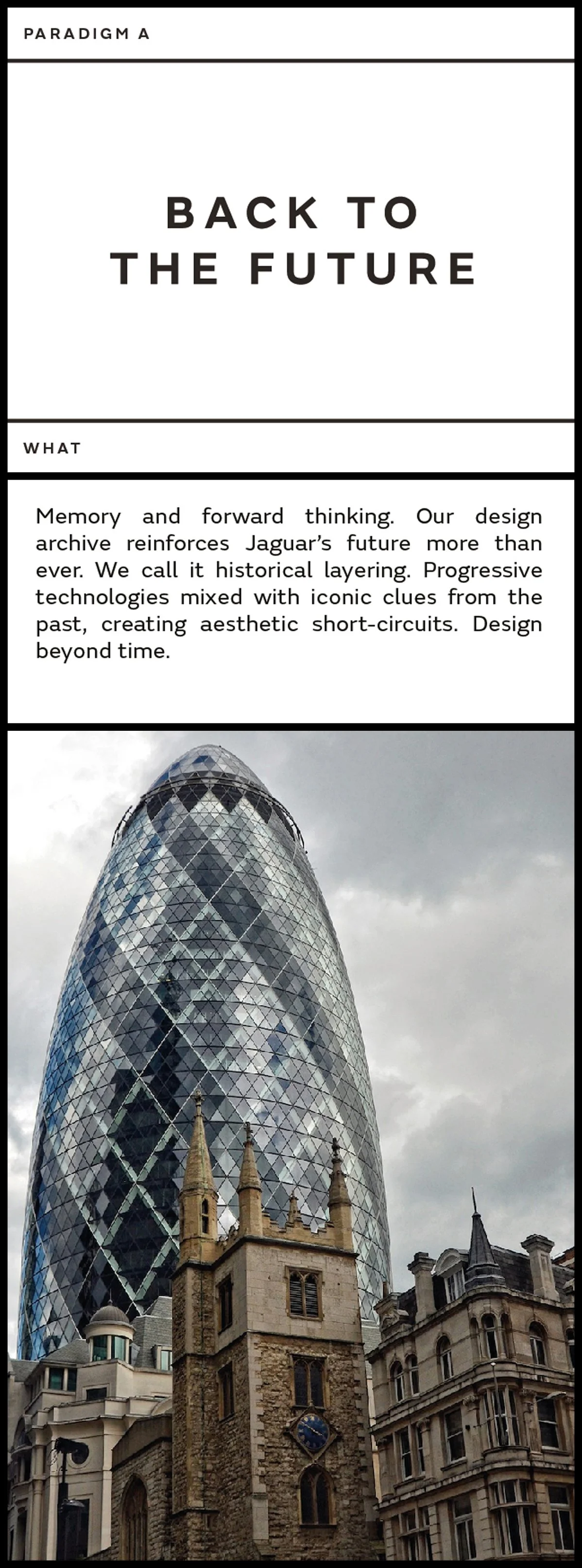 Modern skyscraper and historic architecture under a cloudy sky. Text discusses Jaguar's design philosophy.
