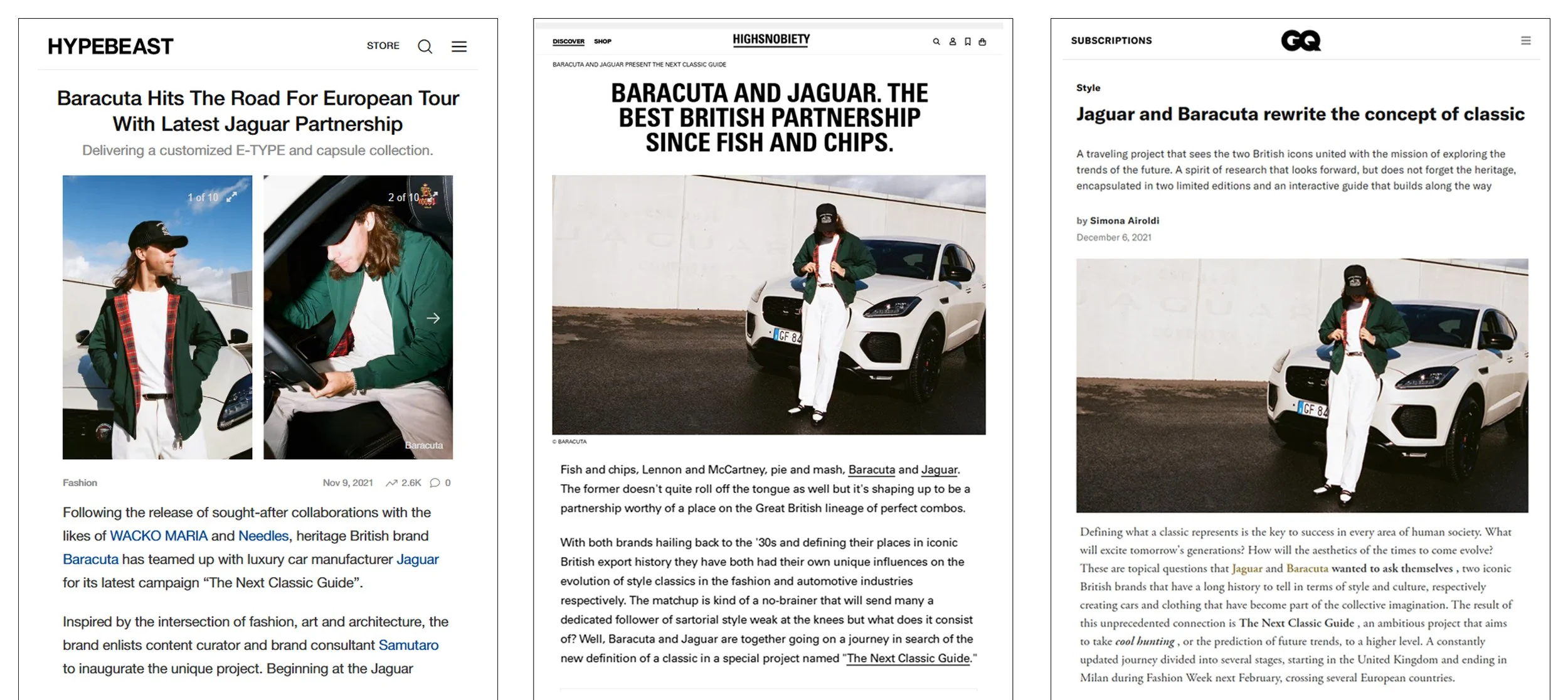 Collaged magazine articles featuring collaboration between Baracuta and Jaguar, highlighting their European tour and classic styling concept.